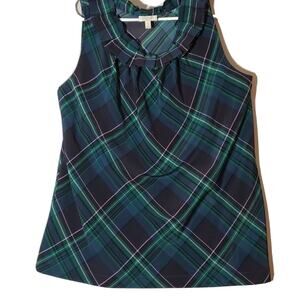 TALBOTS SLEEVELESS BLOUSE SZ SM GREEN PLAID RUFFLES TANK TOP OFFICE CASUAL